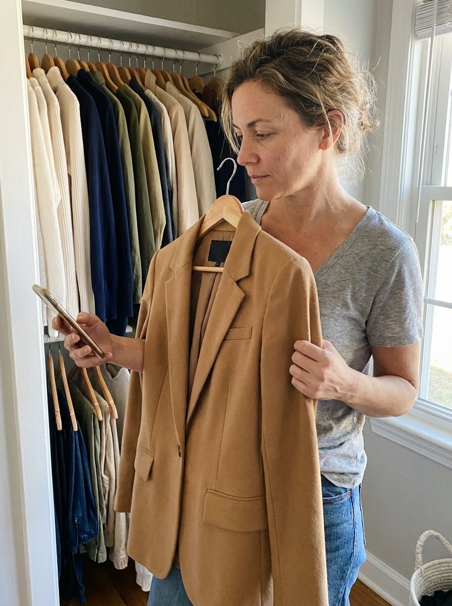 A woman holding a camel blazer in front of her closet while checking her phone