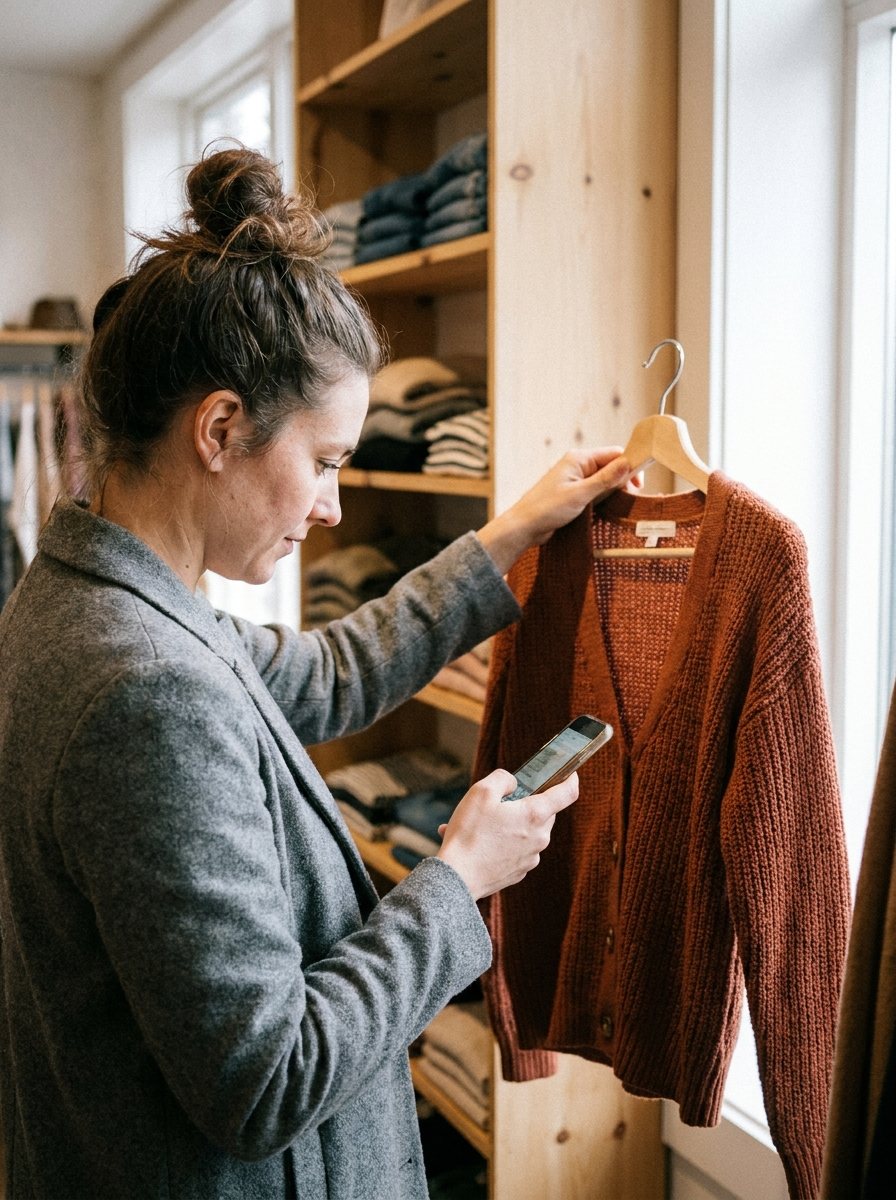 A woman in a store holding up a rust cardigan and checking her phone