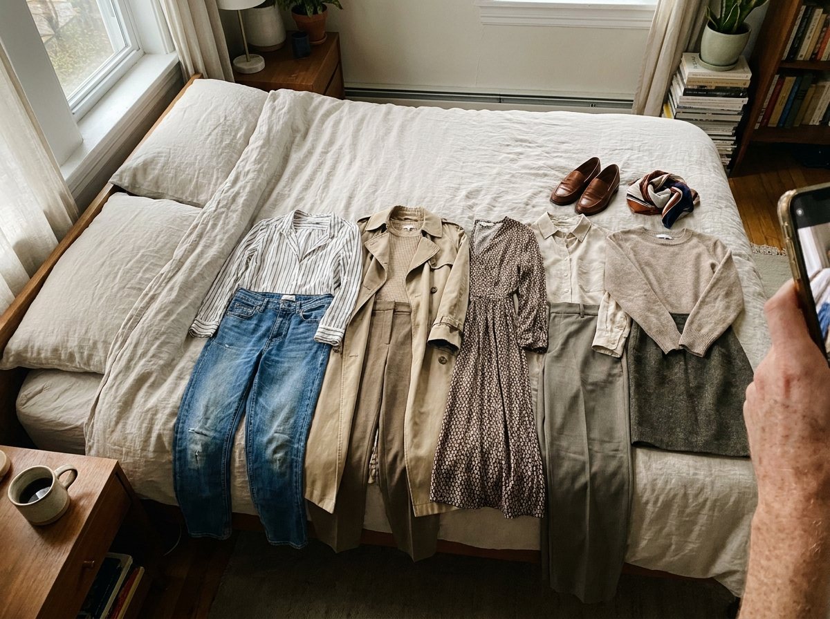 Five outfits laid out on a bed for the week ahead